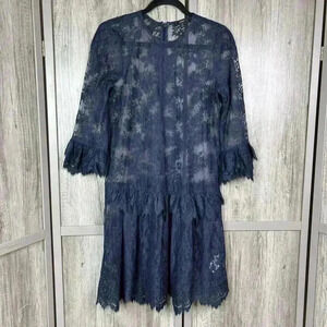 J Crew Lace Dress Sz 0 Navy Chantilly Color Ruffle 3/4 Sleeve
